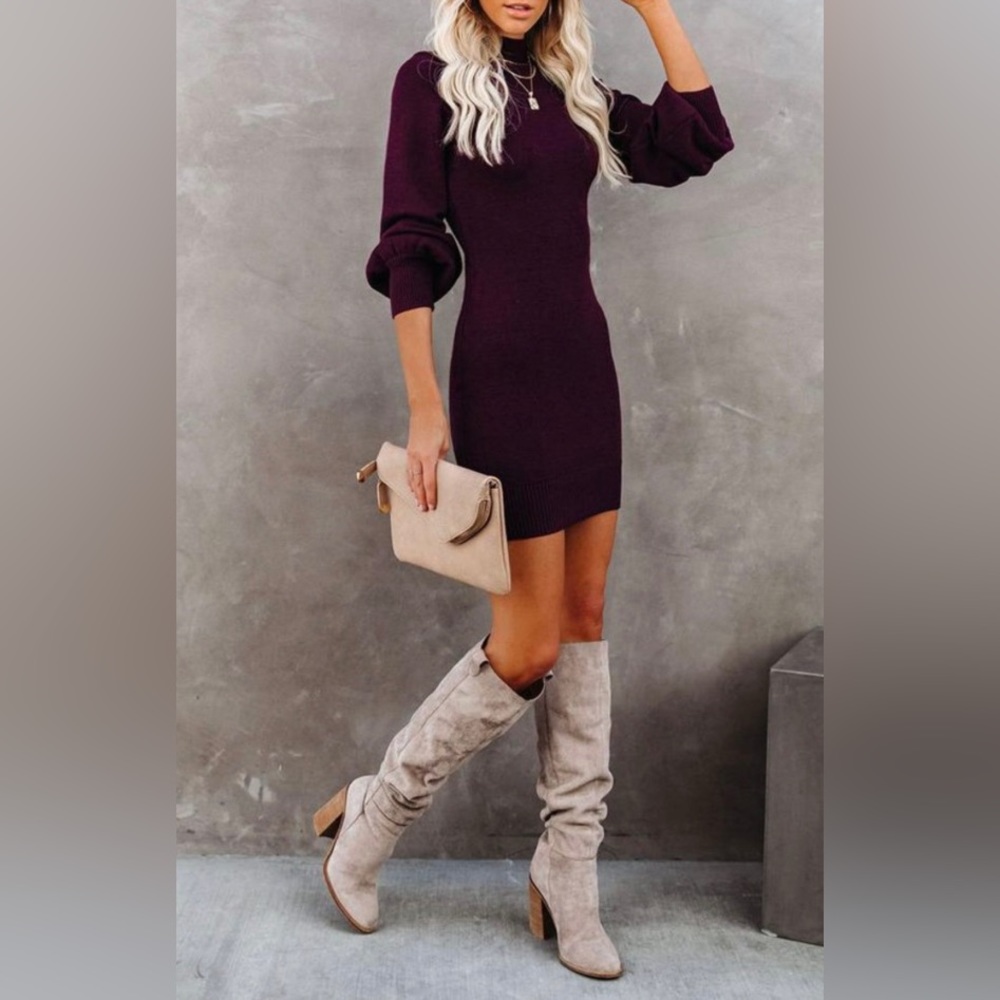 Balloon Sleeve Fitted Sweater Dress